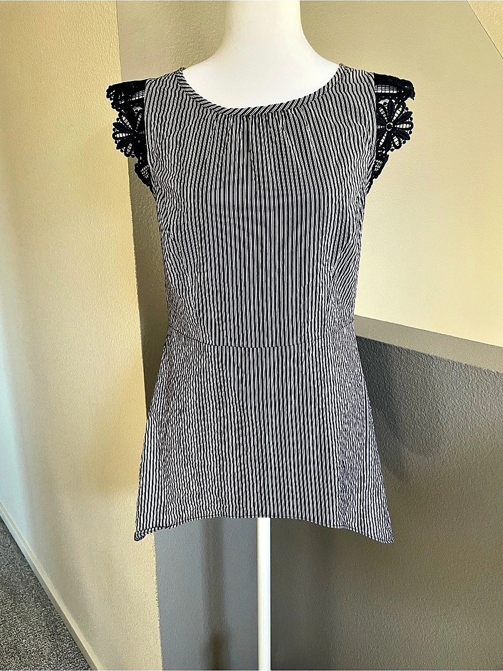 Striped Lace Sleeve Blouse in Navy & White Like New